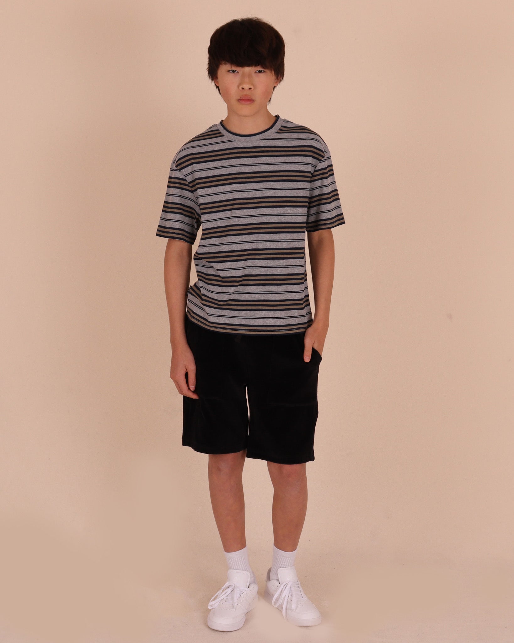 Grey and Green Short Sleeve Stripe Ribb Top