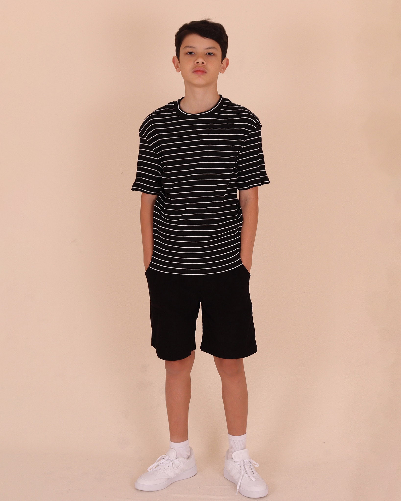 Black Short Sleeve Stripe Ribb Top