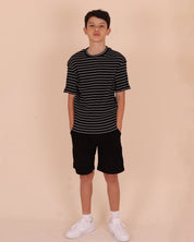 Black Short Sleeve Stripe Ribb Top