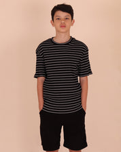 Black Short Sleeve Stripe Ribb Top